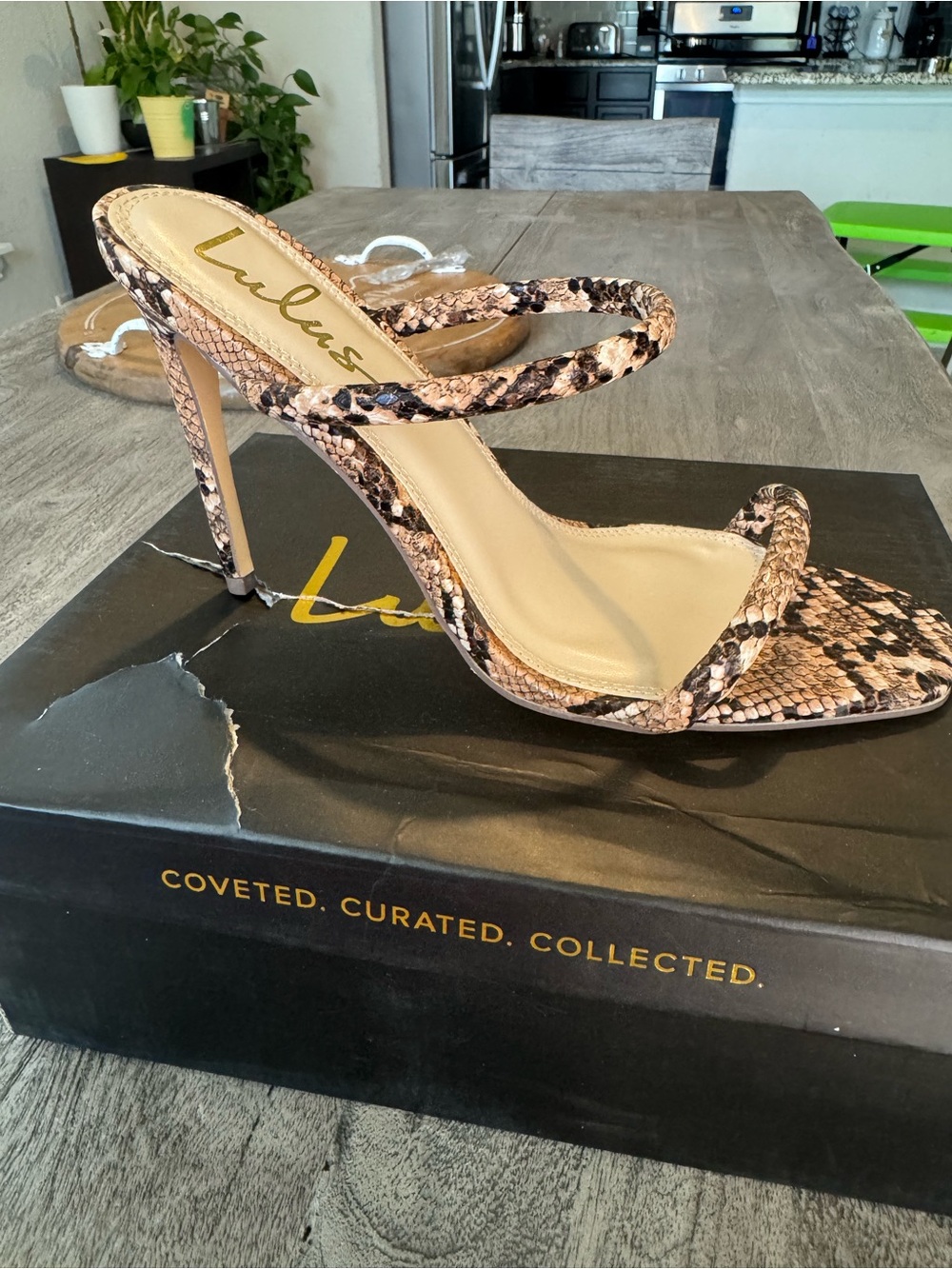 Lulu's Taupe Snake-Print Double Strap Stiletto Sandal